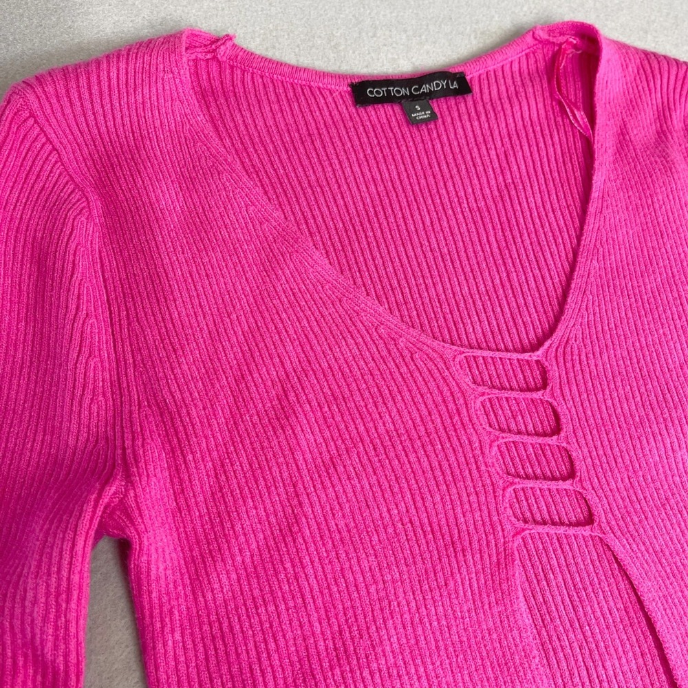 Cotton Candy LA Pink Long Sleeve Cut‎ Out Ribbed Sweater Y2K Euphoria